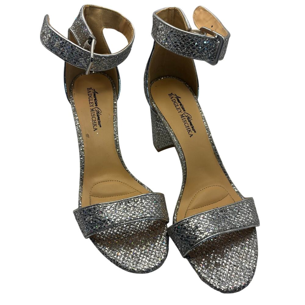 Badgley Mischka American Glamour Silver Glitter Block Heel Sandals Size 8